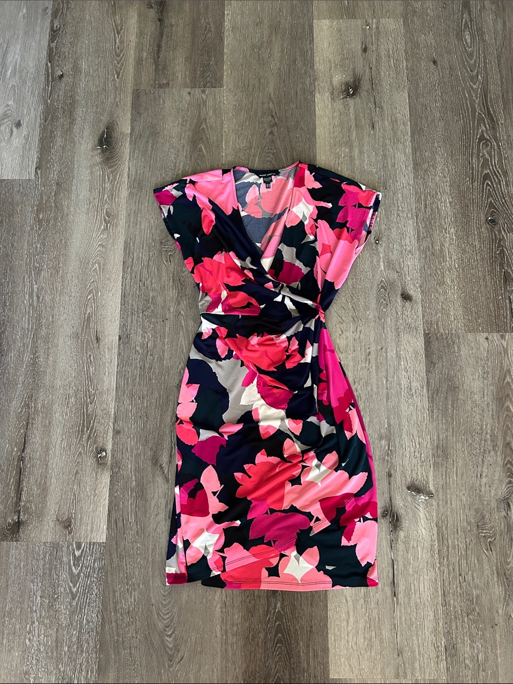 Maggy London Pink and Navy Floral Wrap Midi Dress